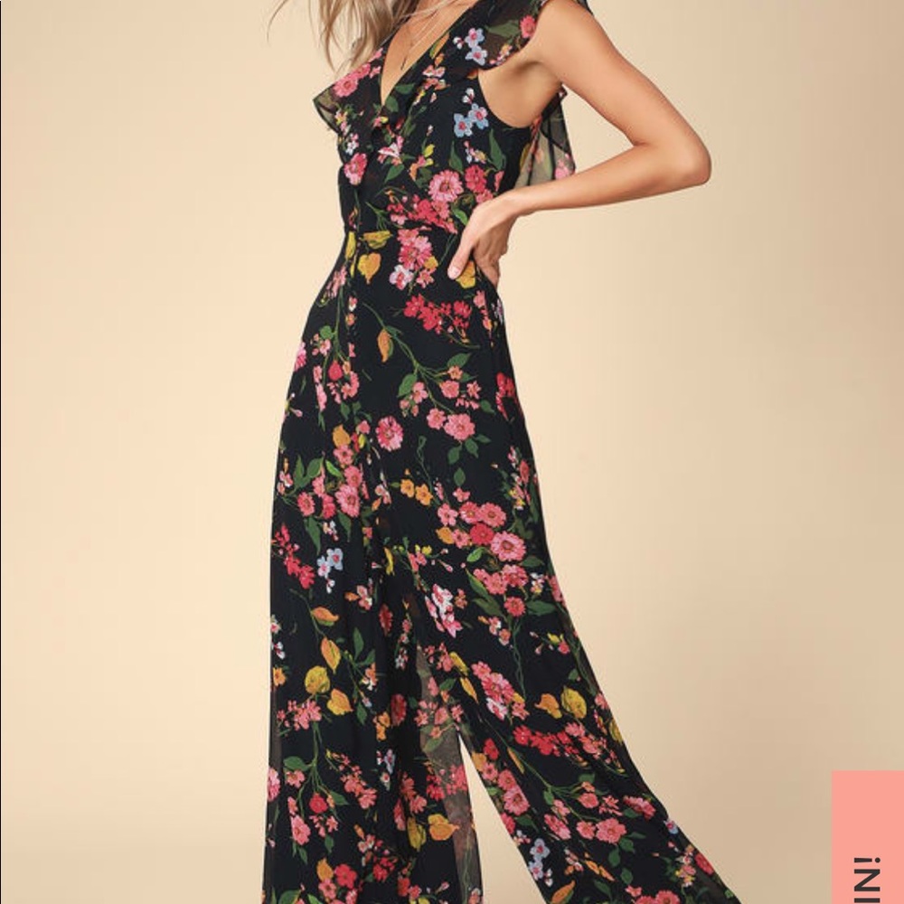 Lulu’s Black Floral Print Ruffled Jumpsuit